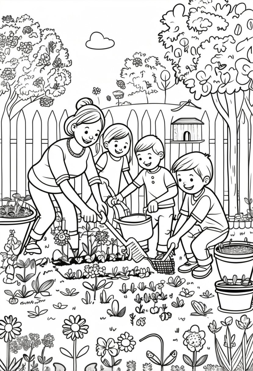 Family Coloring Pages 16 Fun and Creative Designs for All Ages 23 A family of four gardening together outdoors, planting flowers and watering plants with garden tools and a wheelbarrow nearby.